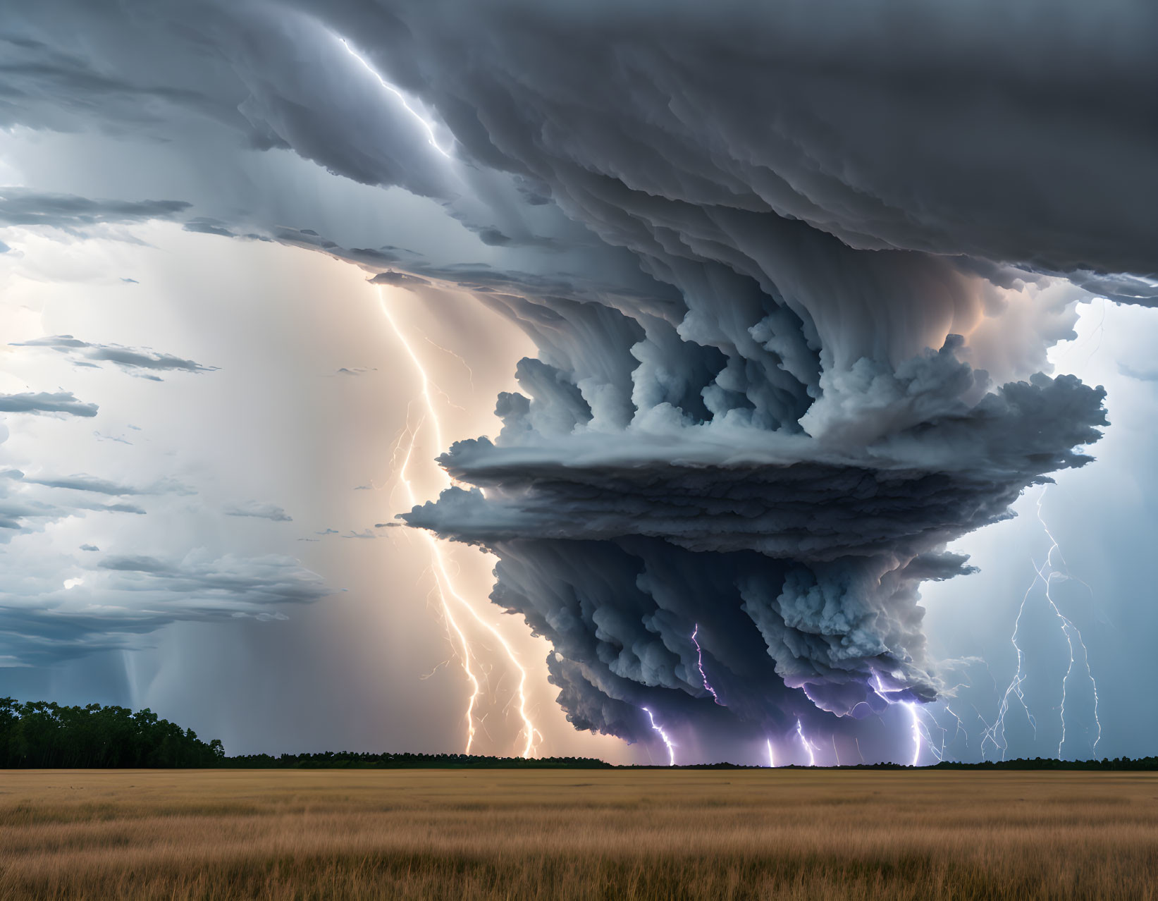 Intense Supercell Thunderstorm with Lightning Strikes and Dark Clouds