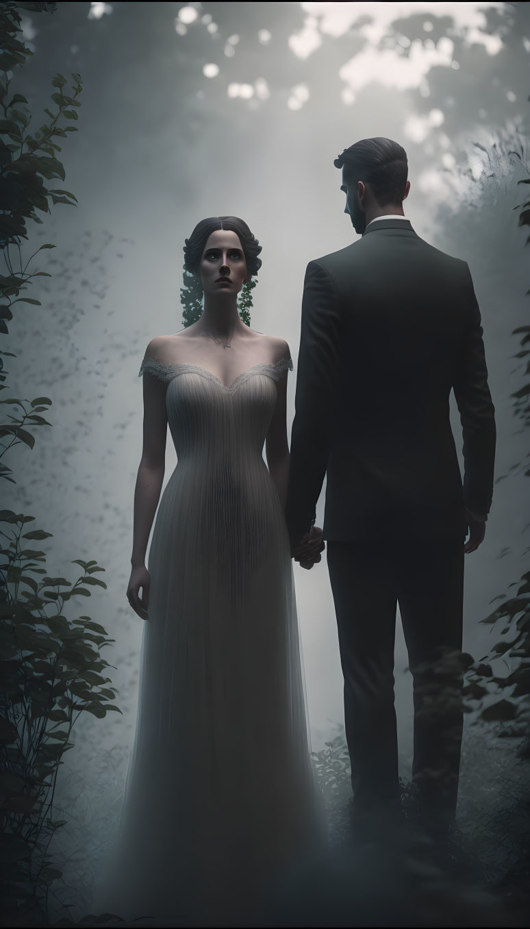 Bride and groom holding hands in misty woods with ethereal light.