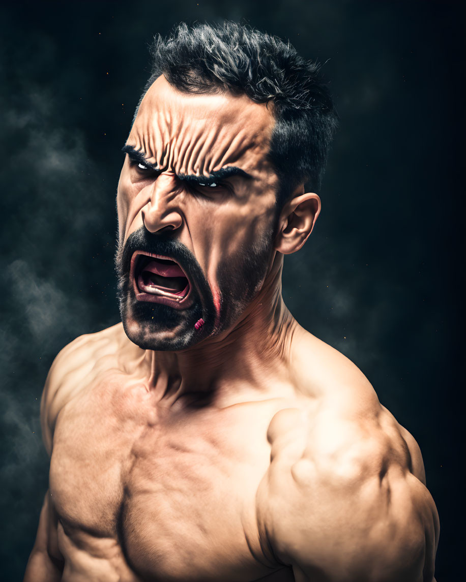 Intense muscular man with fierce expression in dark foggy setting