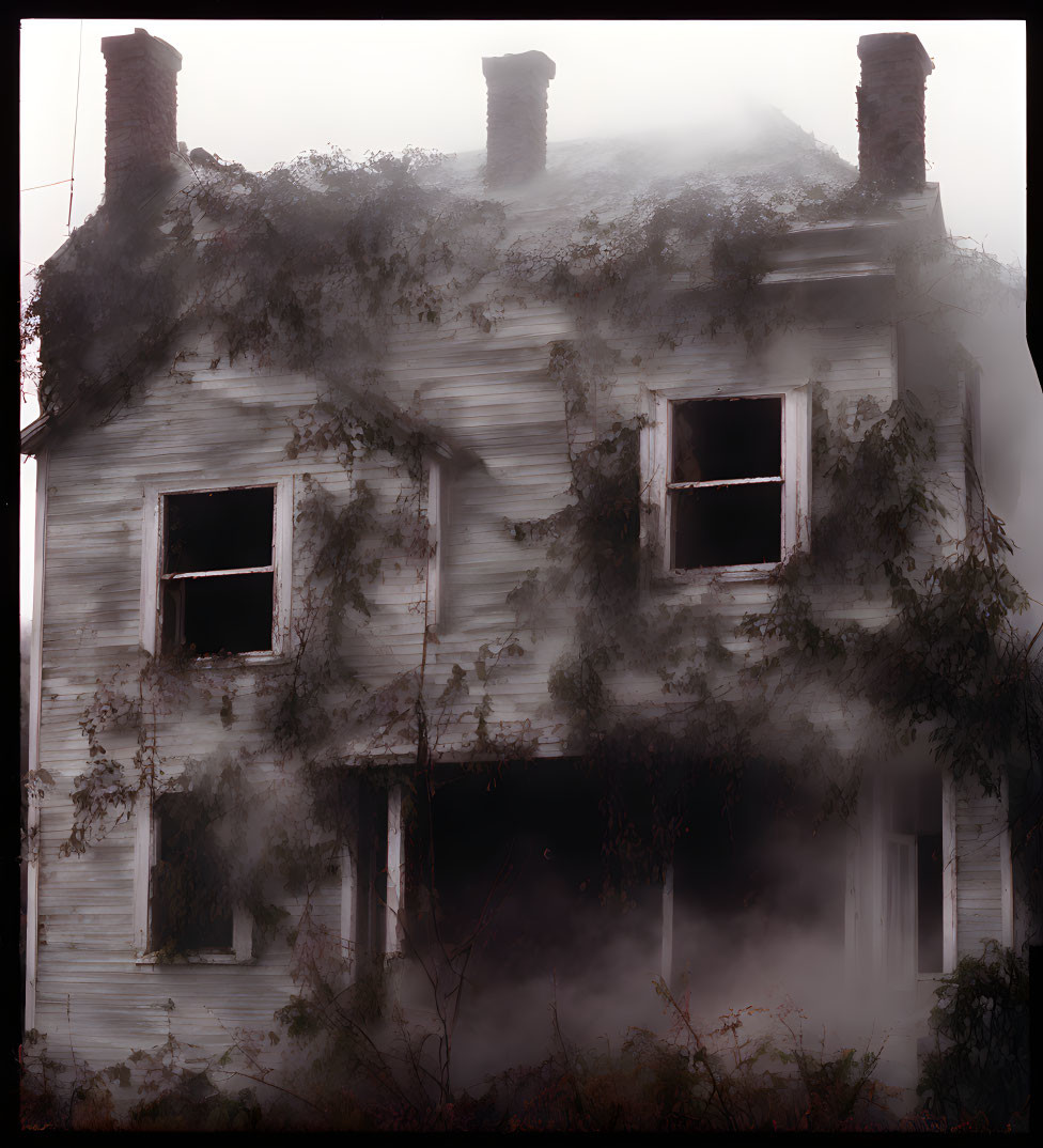 Desolate two-story house with overgrown ivy and fog.