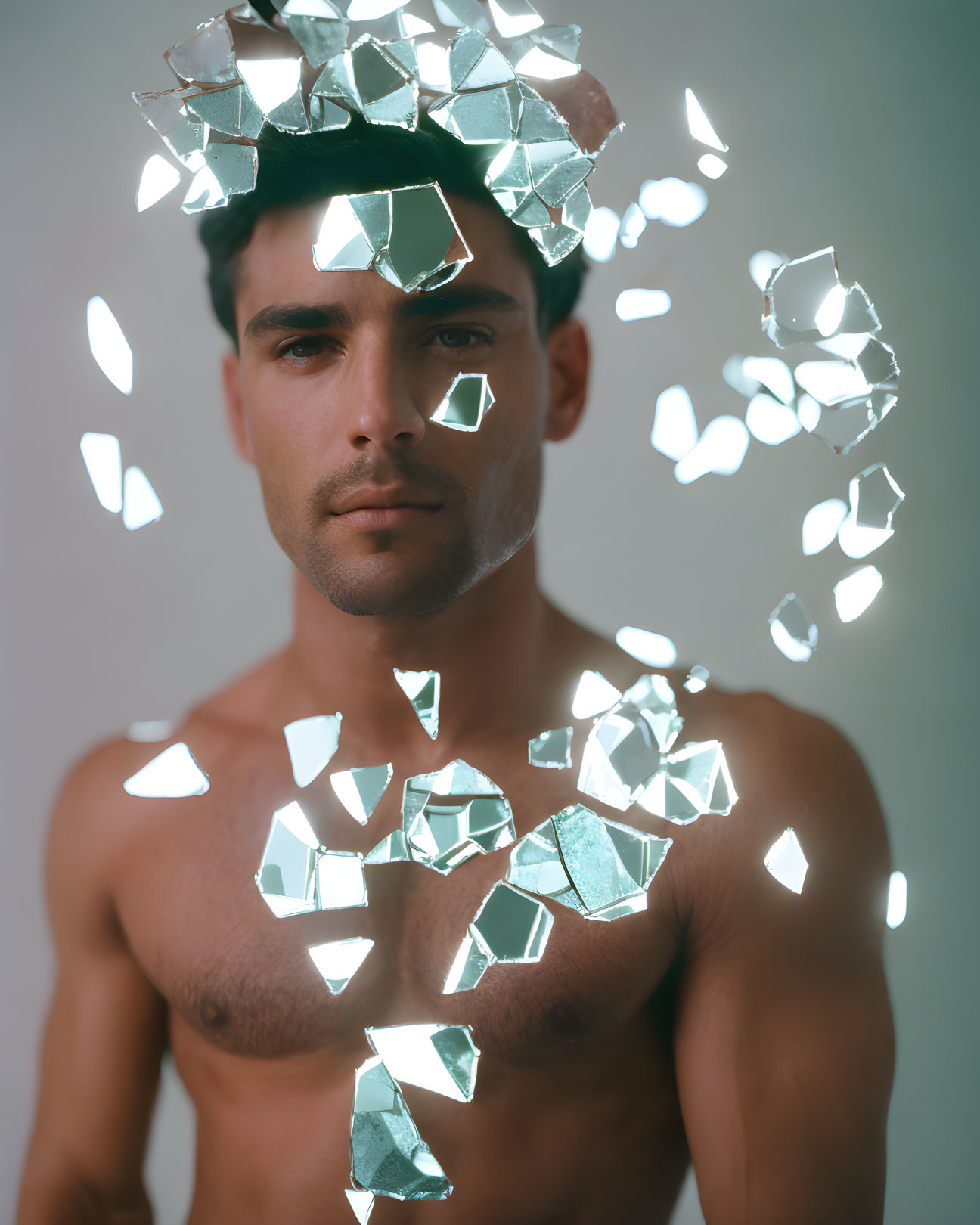 Bearded shirtless man surrounded by floating mirror shards