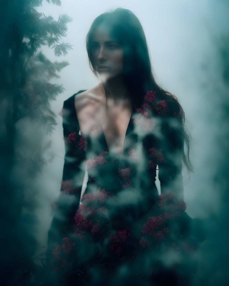 Woman in dark outfit surrounded by mist and red flowers