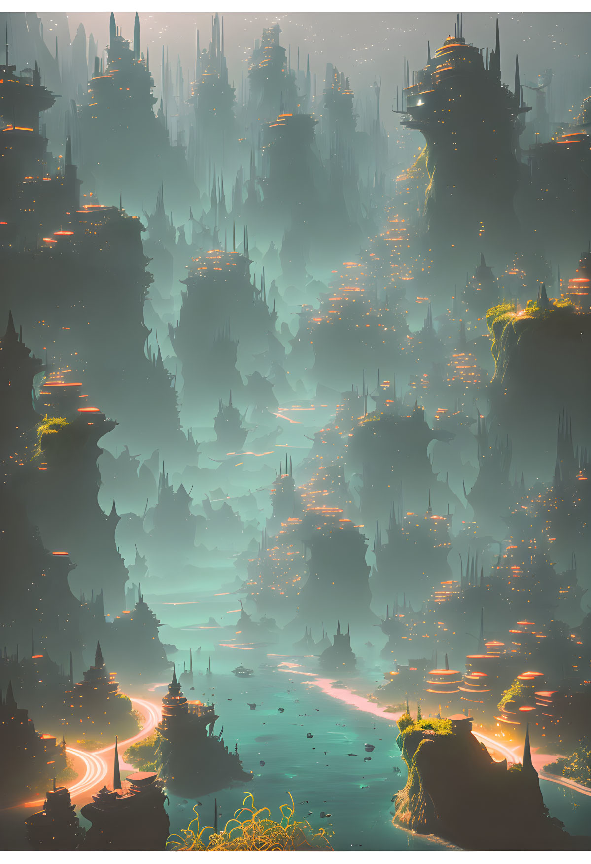 Ethereal landscape with towering spires in misty, verdant setting