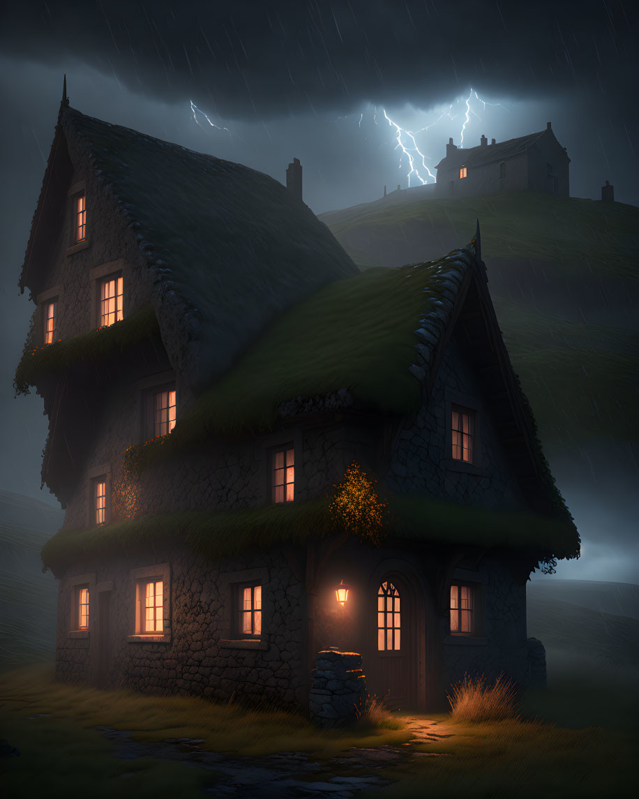 Stone cottage with thatched roof in stormy night with lightning