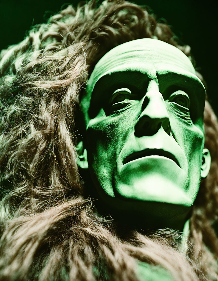 Close-up of person in green Frankenstein monster mask with bushy brown hair