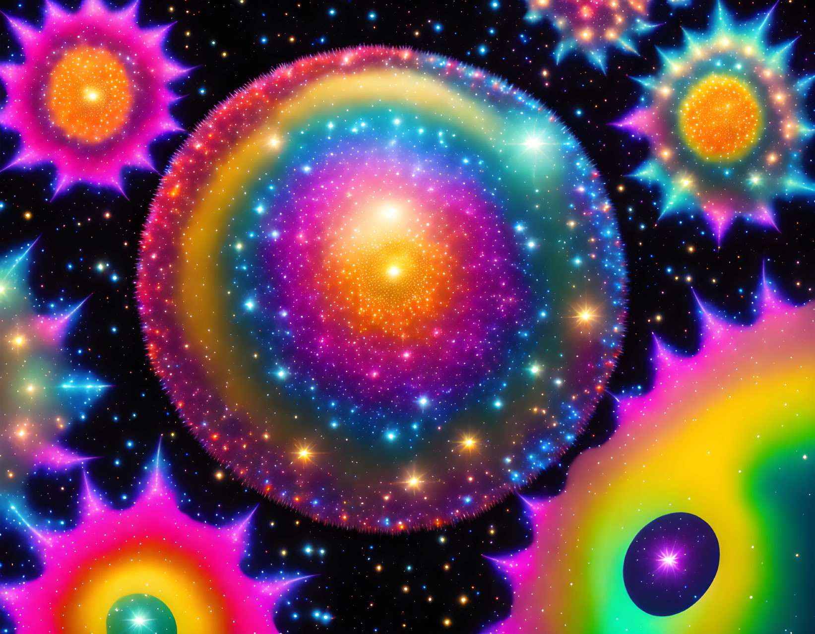 Colorful Digital Artwork Featuring Celestial Bodies and Glowing Orbs