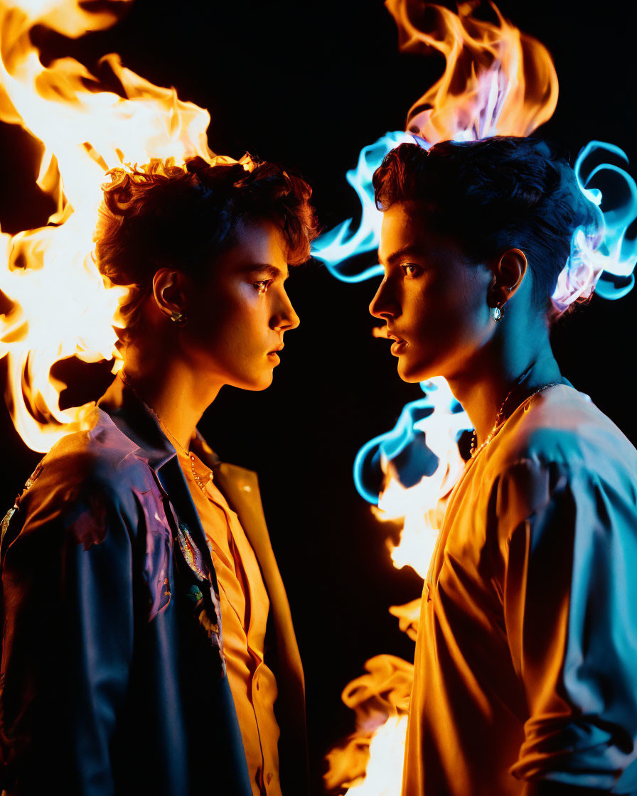 Two people in profile with dynamic flames on dark background