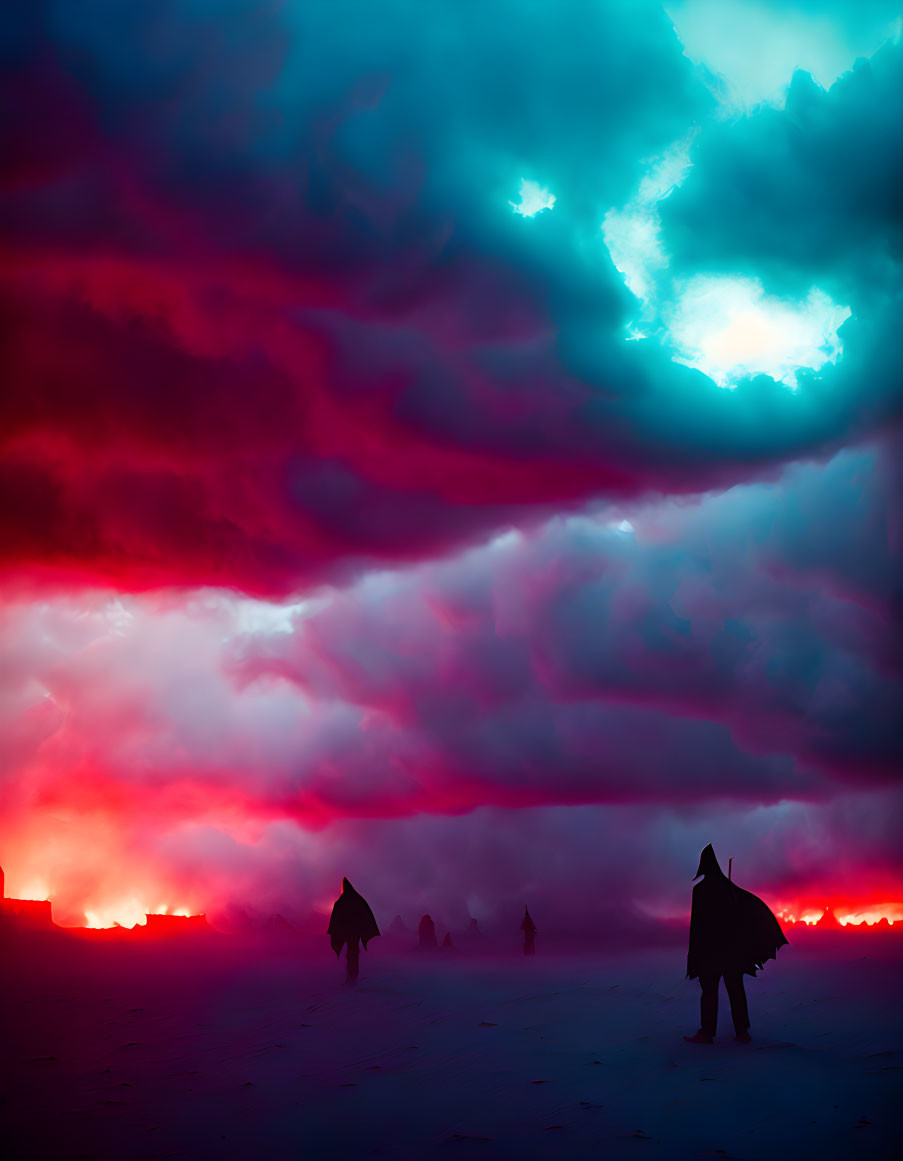 Surreal apocalyptic landscape with cloaked figures under stormy sky