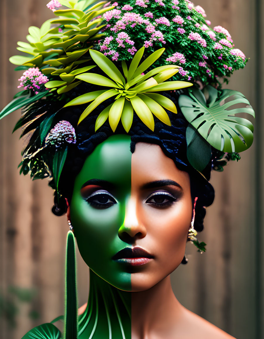 Woman with green artistic makeup and floral headdress poses elegantly