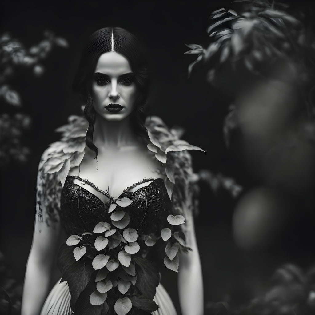 Monochrome image of woman in leaf-adorned dress amidst foliage