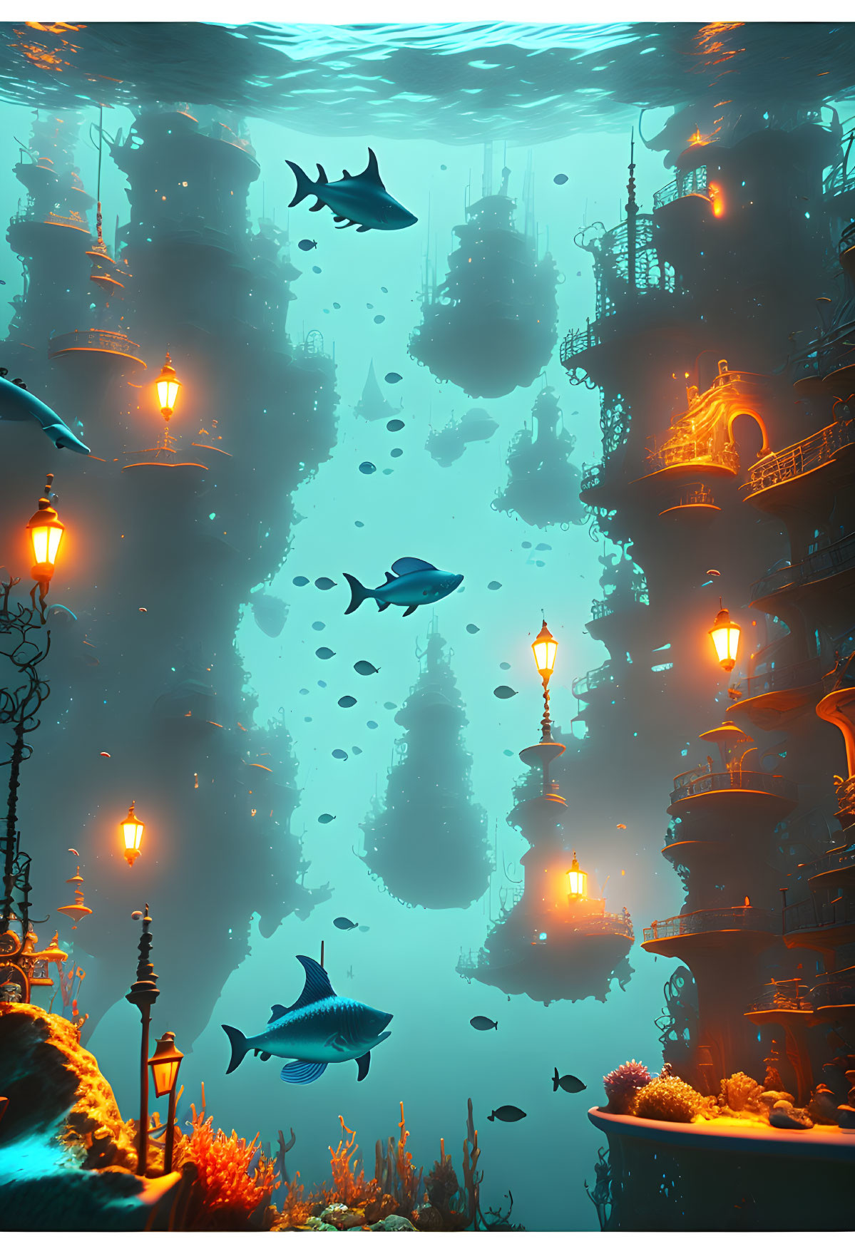 Underwater scene with fish and ancient sunken structures