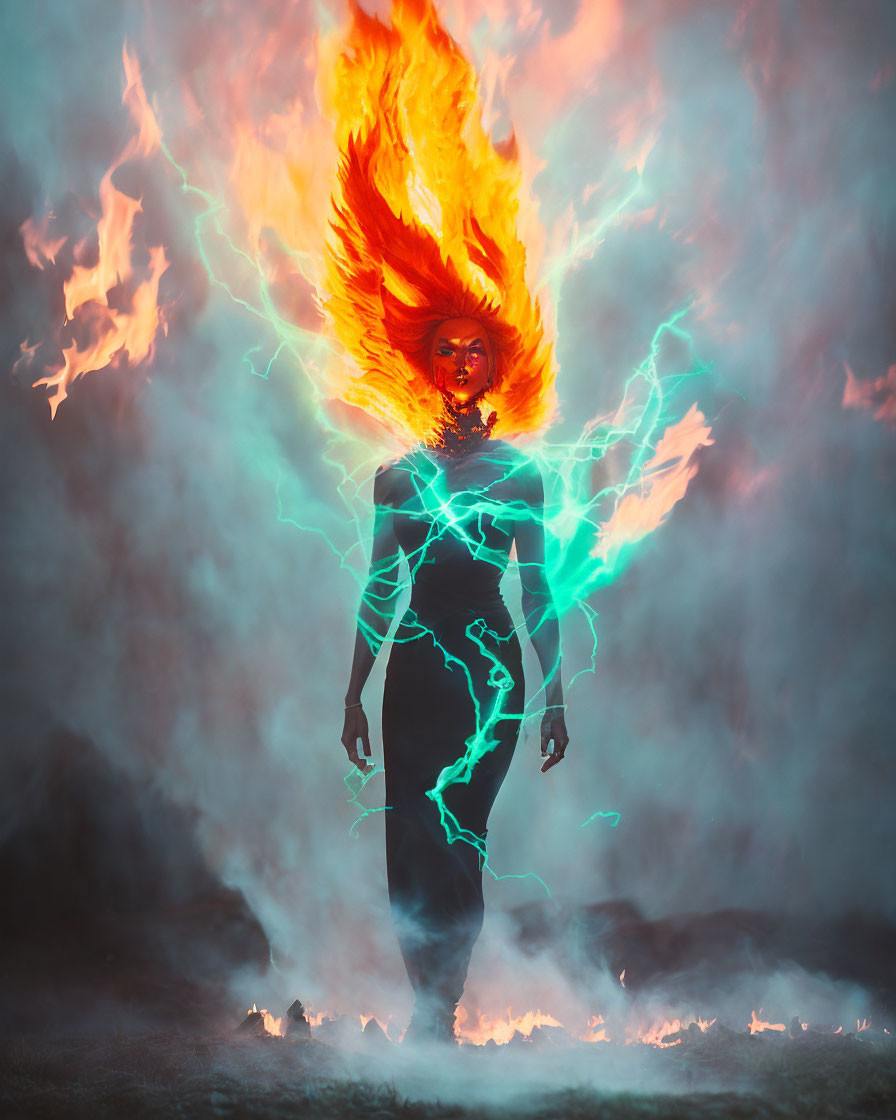 Blazing figure with fiery mane in electric energy surrounded by flames