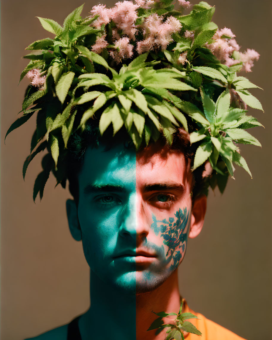 Half-green face with leaf patterns, crown of leaves and flowers, warm and cool tones