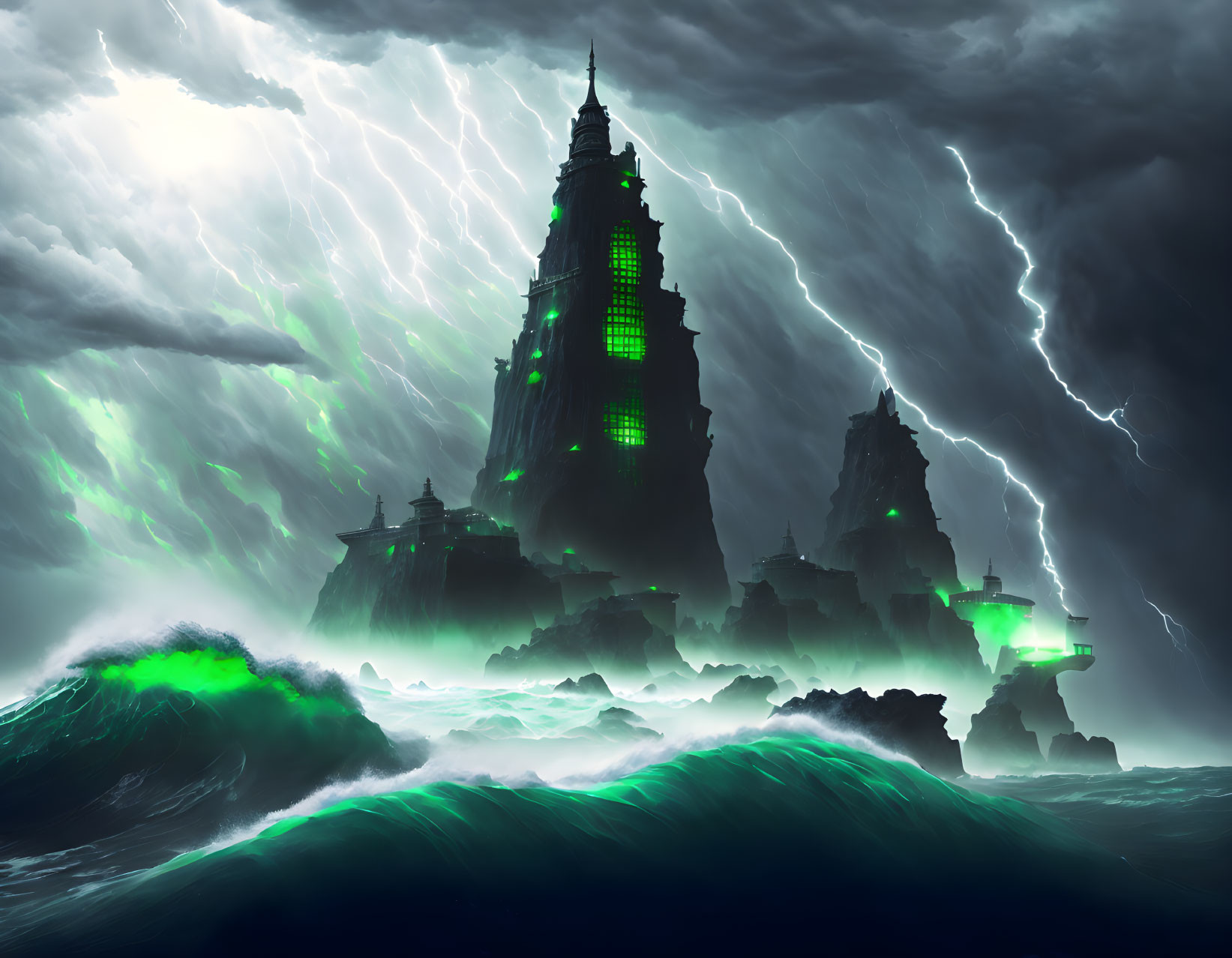 Stormy Seascape with Gothic Castle on Rocky Outcrops