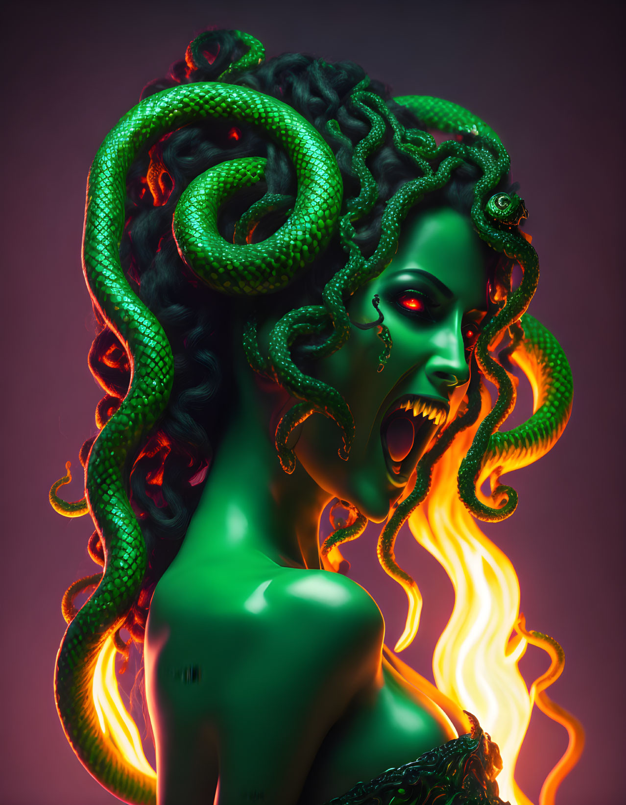 Colorful digital artwork: Medusa with snakes, green skin, flames, pink background