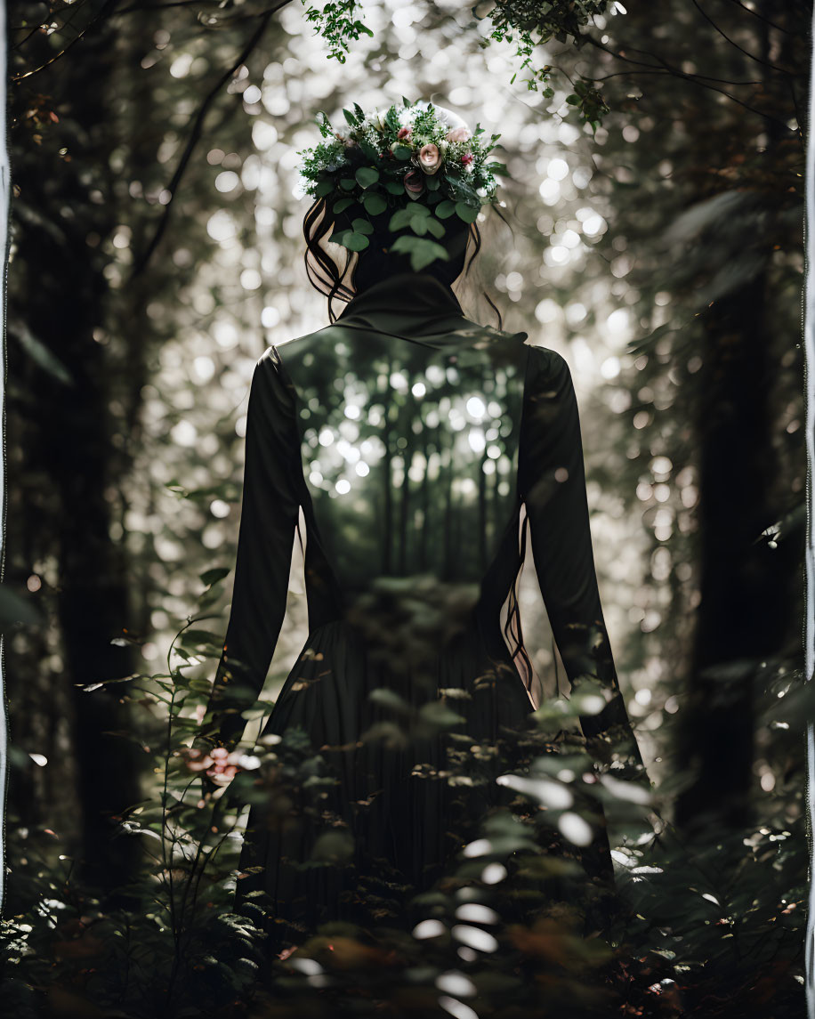 Person in Dark Dress with Floral Crown in Sunlit Forest