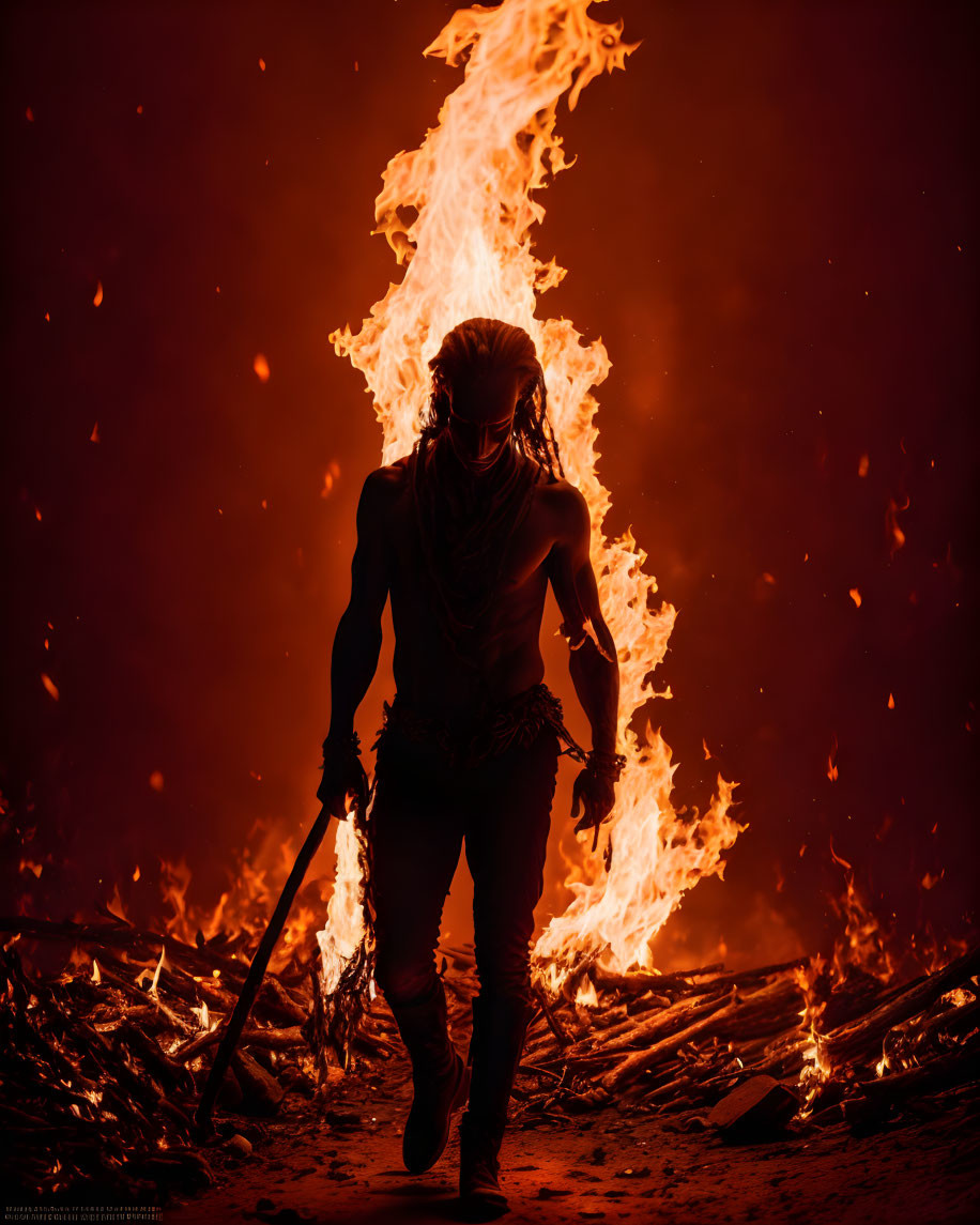 Person in headband walking towards towering flame amid debris