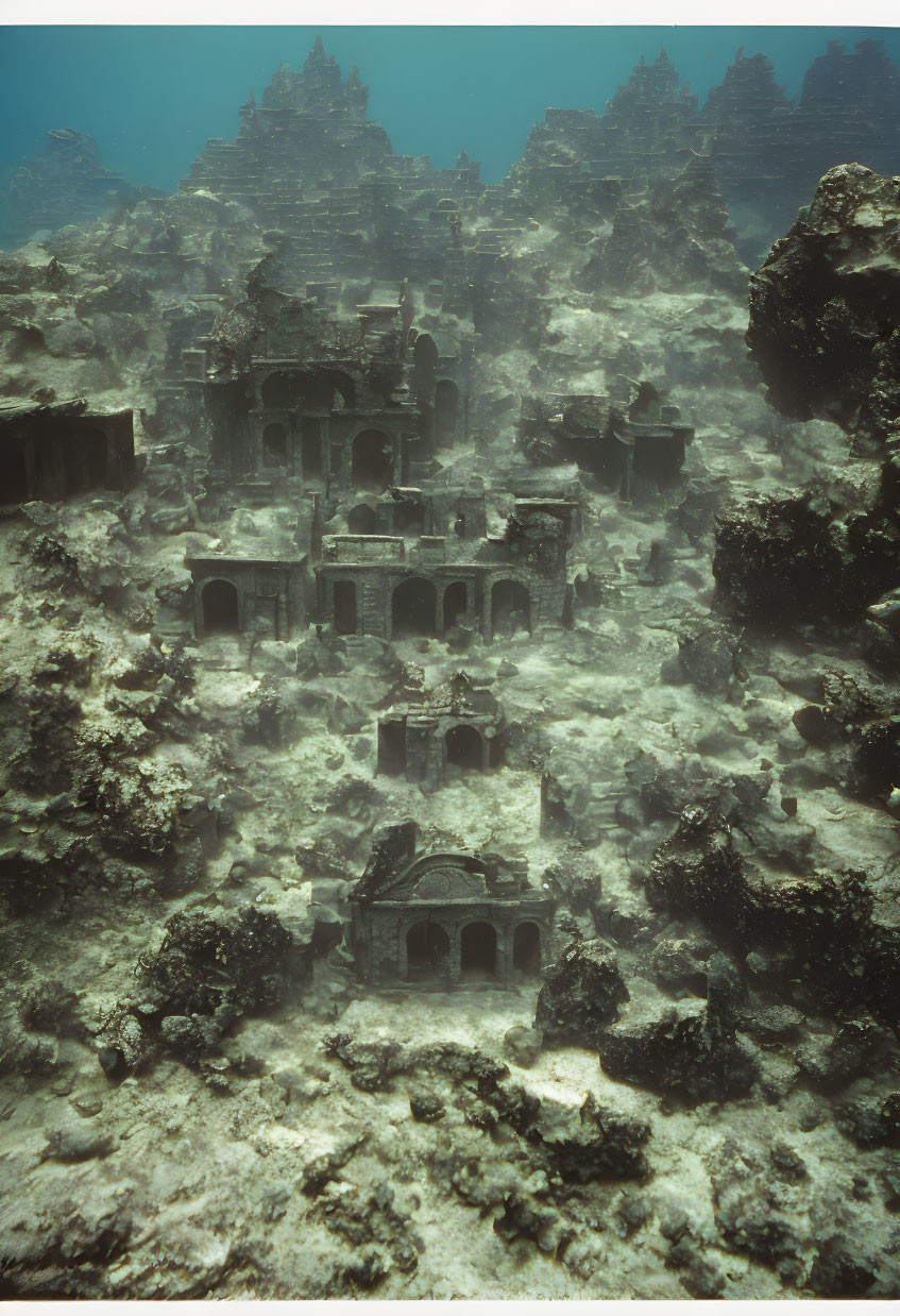 Artificial miniature temple-like structure in underwater scene.