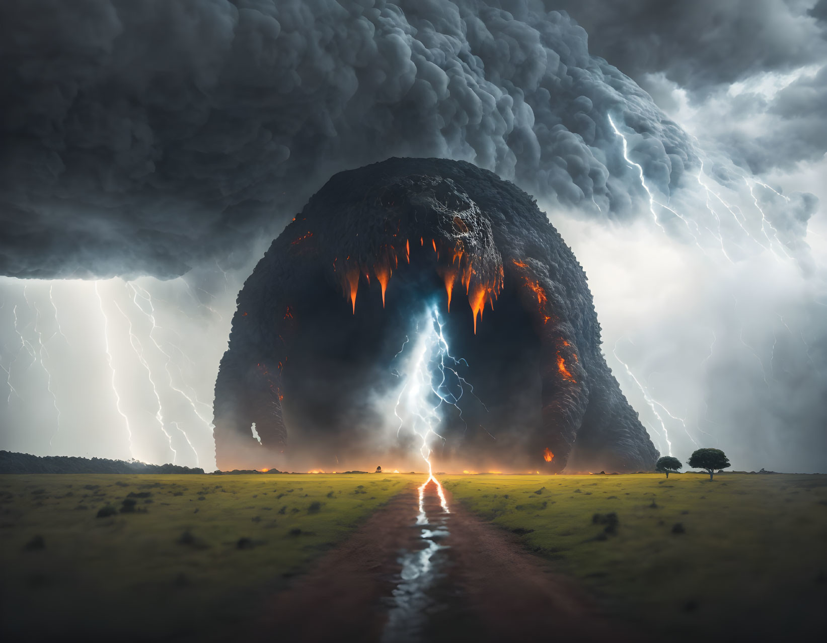 Person faces erupting volcano under stormy sky with lightning