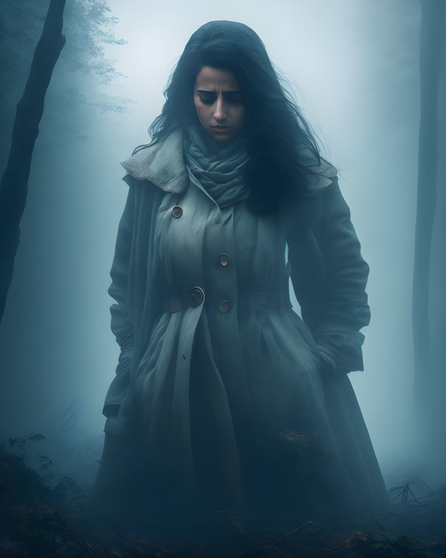 Pensive woman in gray coat in mystical forest landscape