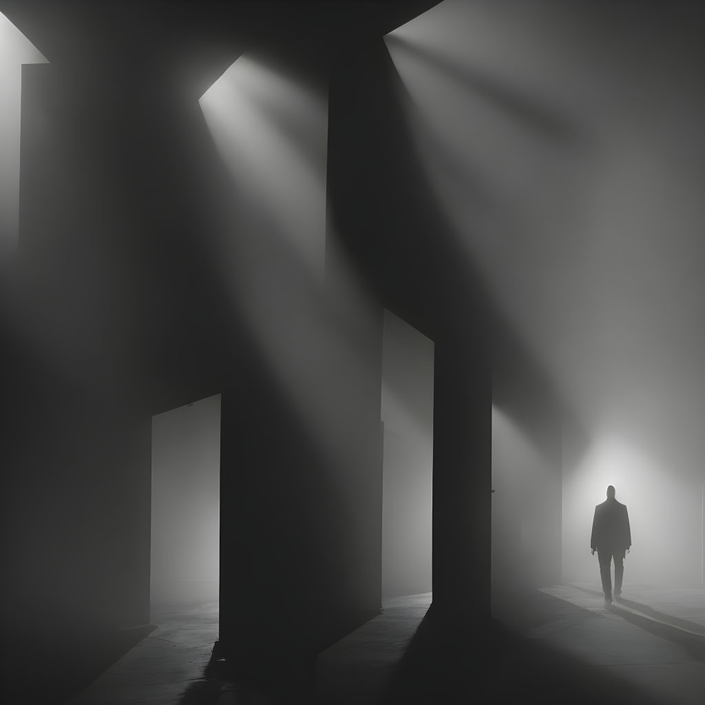 Solitary figure in dimly lit space with beams of light