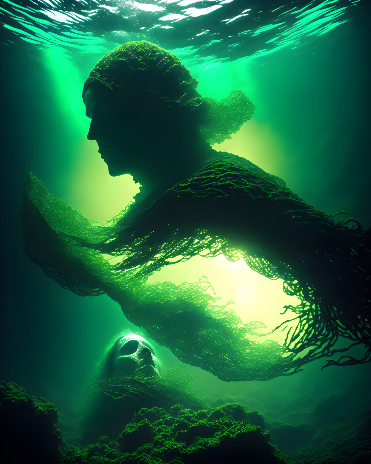 Ethereal underwater scene with mythical figure and coral formations