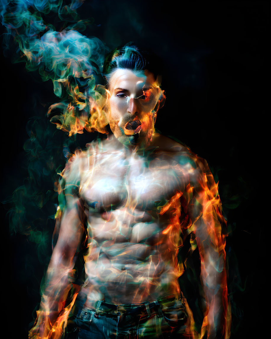 Fiery smoke engulfed figure on dark background