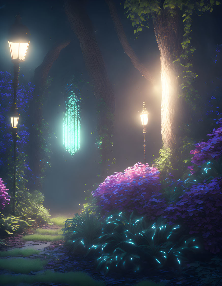 Nighttime garden path with glowworms, streetlamps, purple flowers, and greenery