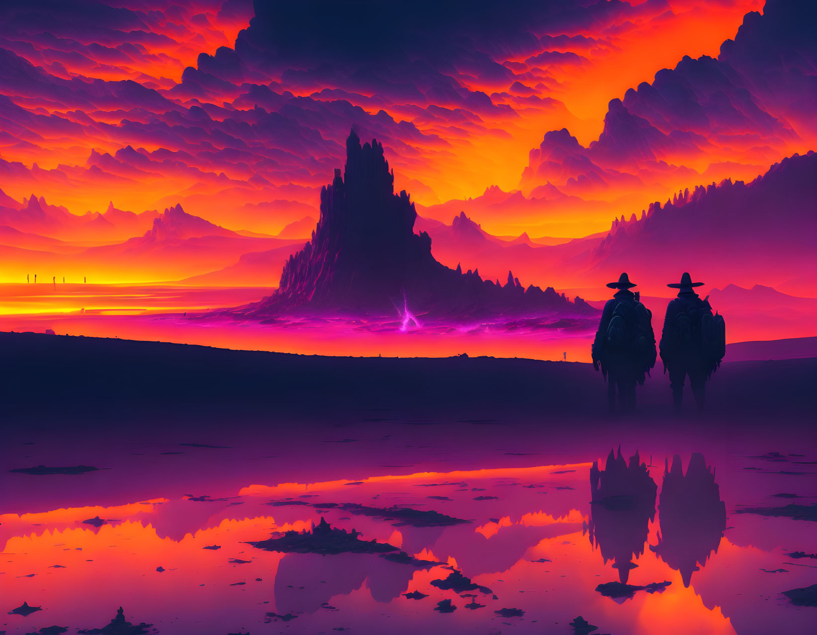 Silhouetted figures on horseback near glowing futuristic mountain at neon sunset