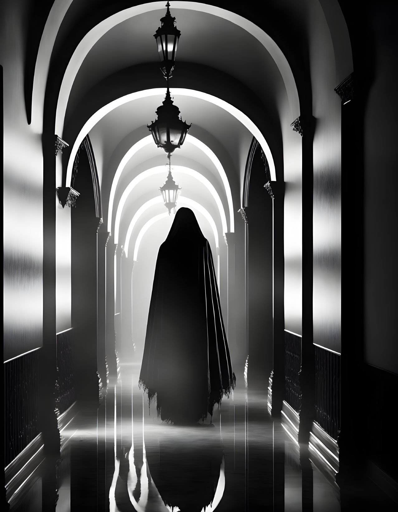 Shadowy Figure in Cloak Stands in Arch-Lined Hallway