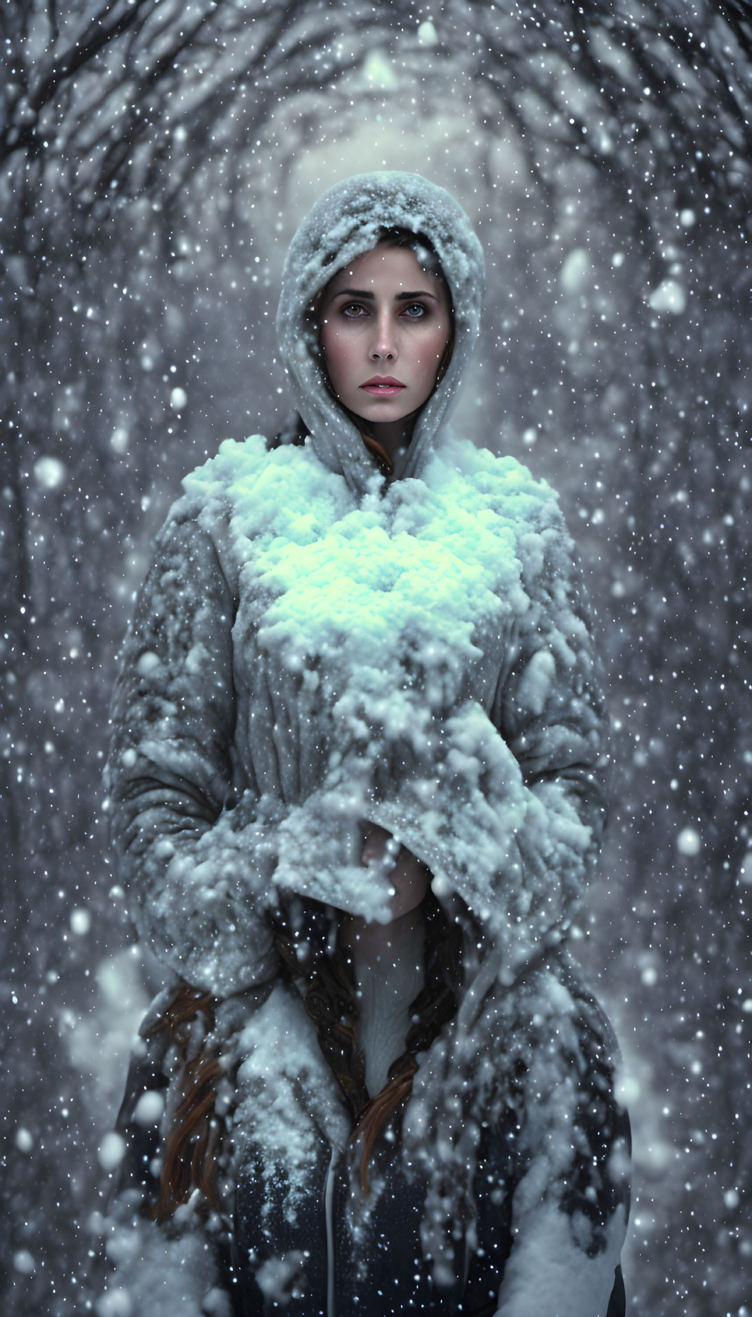 Woman in Winter Clothing Standing in Snow-Covered Forest