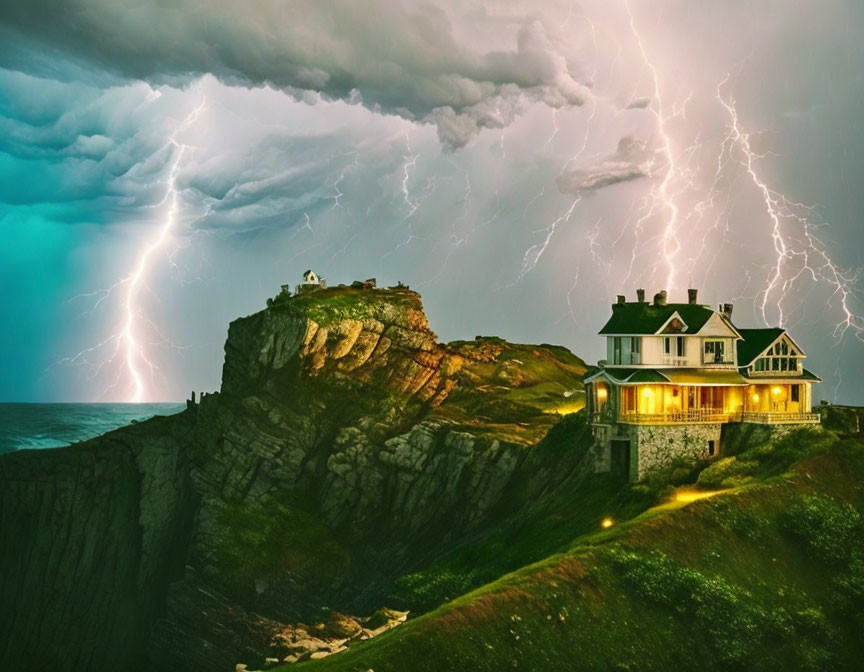 Cliffside coastal house during storm with lightning