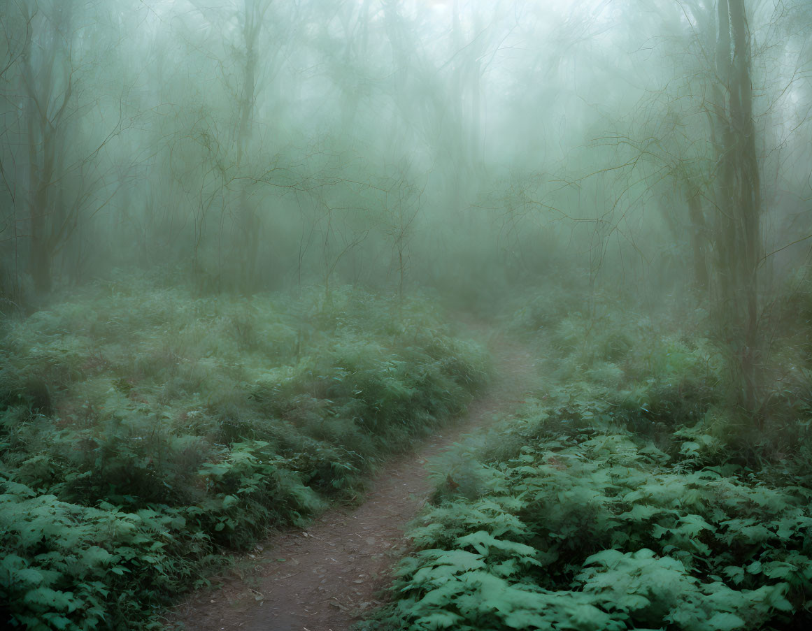 Mystical fog-shrouded forest with winding path