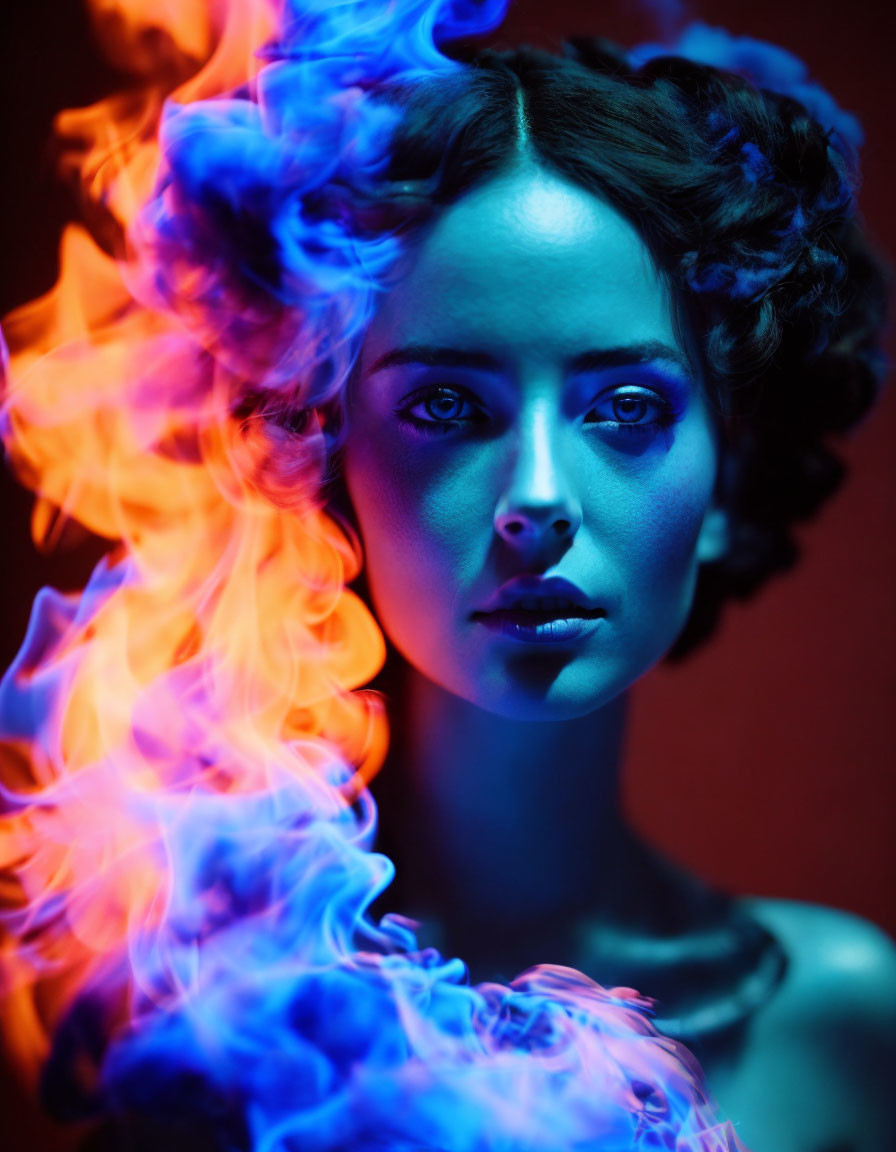 Woman surrounded by blue and orange smoke under red and blue lighting