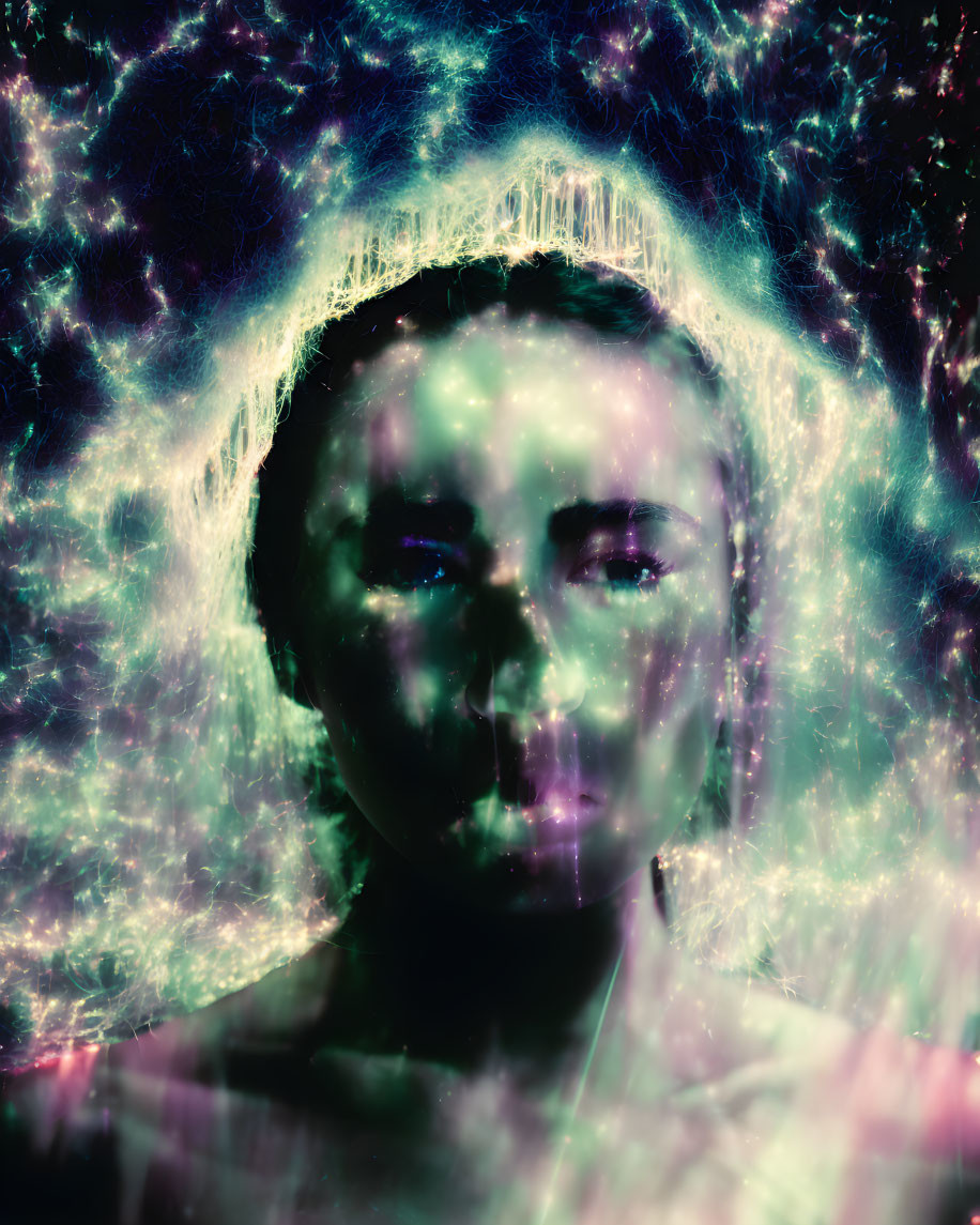 Portrait with vibrant cosmic nebula overlay in blue, purple, and white