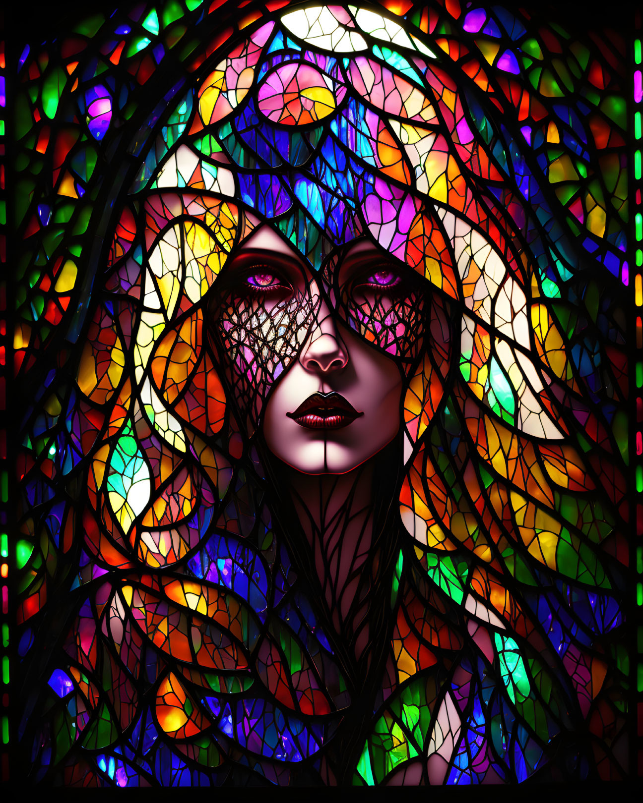 Colorful Stained Glass Design of Woman's Face with Intricate Patterns