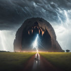 Person faces erupting volcano under stormy sky with lightning