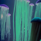 Woman gazing at glowing jellyfish in dark underwater scene