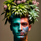 Half-green face with leaf patterns, crown of leaves and flowers, warm and cool tones