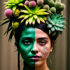 Woman with green artistic makeup and floral headdress poses elegantly