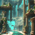 Underwater scene with fish and ancient sunken structures