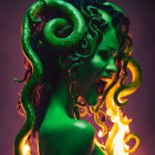 Colorful digital artwork: Medusa with snakes, green skin, flames, pink background