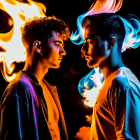 Two people in profile with dynamic flames on dark background