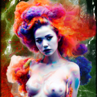 Vibrant digital artwork: Woman with colorful cloud hair on cosmic backdrop