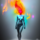 Blazing figure with fiery mane in electric energy surrounded by flames