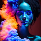 Woman surrounded by blue and orange smoke under red and blue lighting