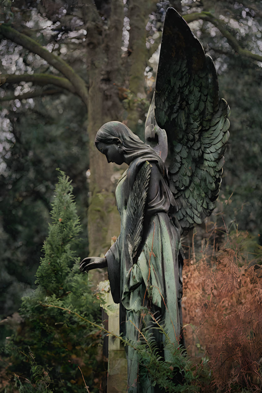 Detailed Angel Statue with Weathered Patina in Woodland Scene