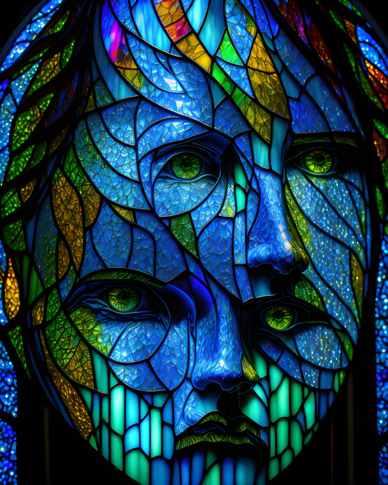 Symmetrical Stained Glass-Style Face with Vivid Colors