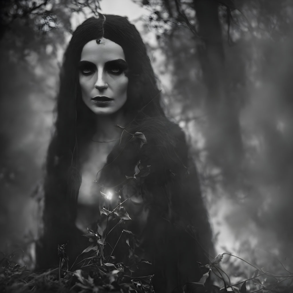 Monochrome image of person with dark hair in gothic attire in misty woods