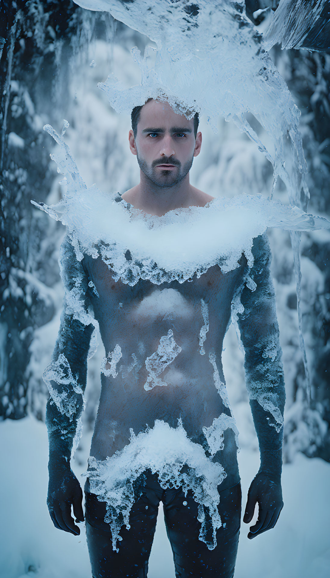 Man in snowy forest with ice formations